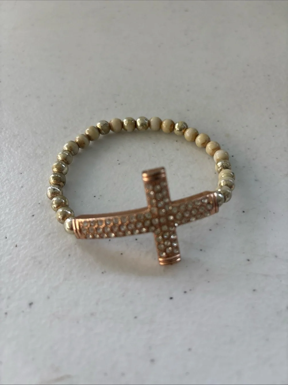 Rose Gold Cross Beaded Stretch Bracelet - Nude & Gold Accent
